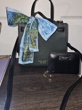 Kate Spade NY Leather Crossbody Bag with Blue Scarf Accent And Wallet